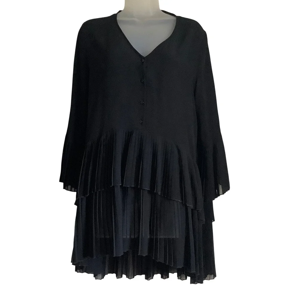 Zara Womens Black Tiered Pleated Mini Dress V-Neck Long Sleeve Size Large